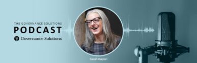 Picture of Sarah Kaplan and a podcast mic on a blue background