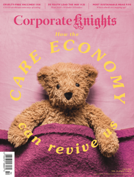 cover of Corporate Knights magazine with picture of teddy bear and text: how the care economy can revive us