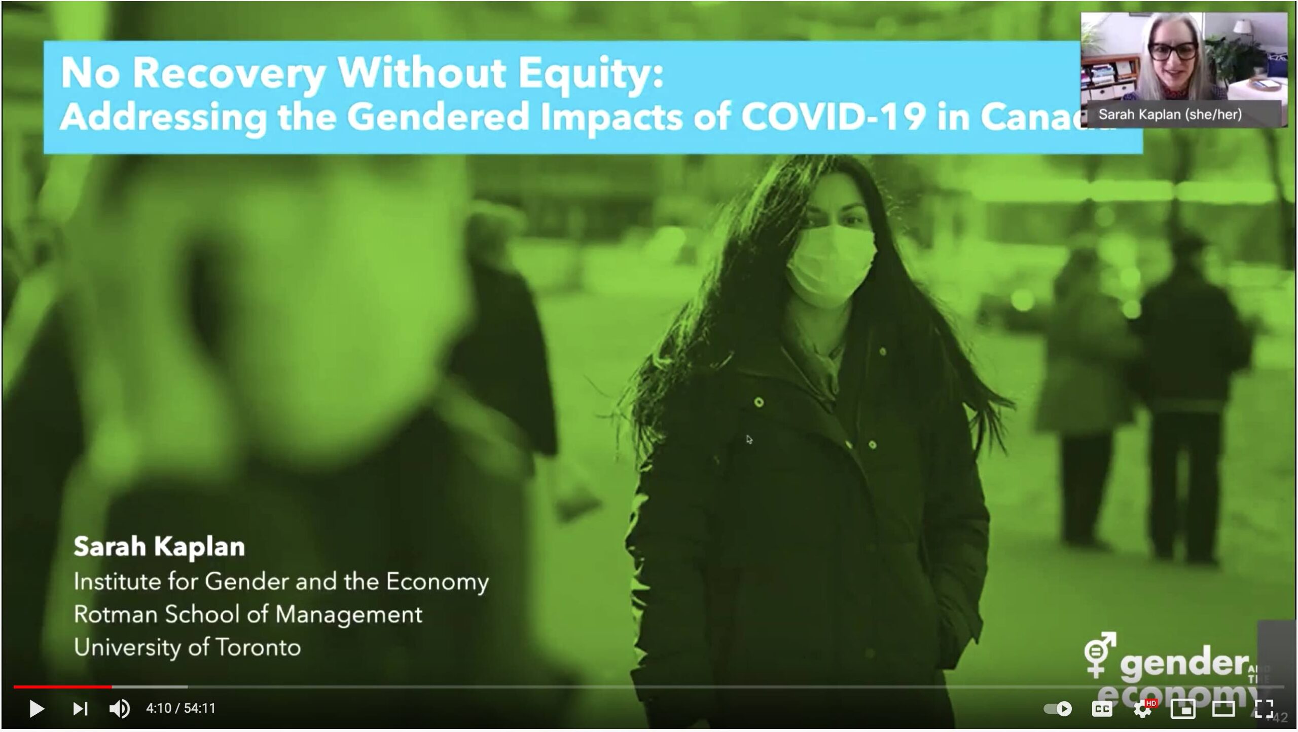screenshot of video with image of woman wearing a medical mask and the text "no recovery without equity"