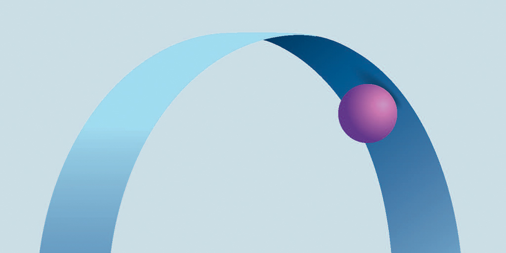 blue arch on a blue background with a purple round ball under the inside of the arch