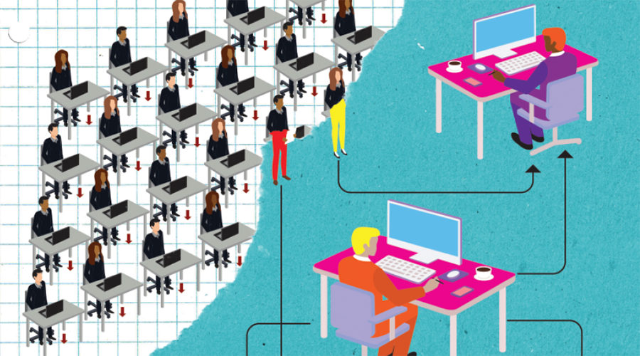 graphic of multiple people sitting at desks working on laptops