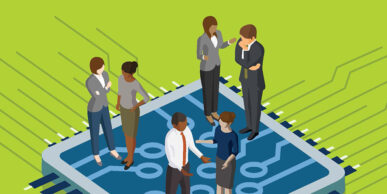 drawing of people of diverse races and genders in business attire standing on a large image of a computer chip