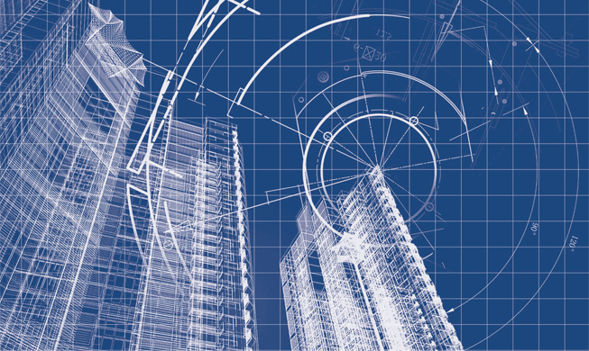 abstract image of skyscrapers with circular graphics superimposed on it.