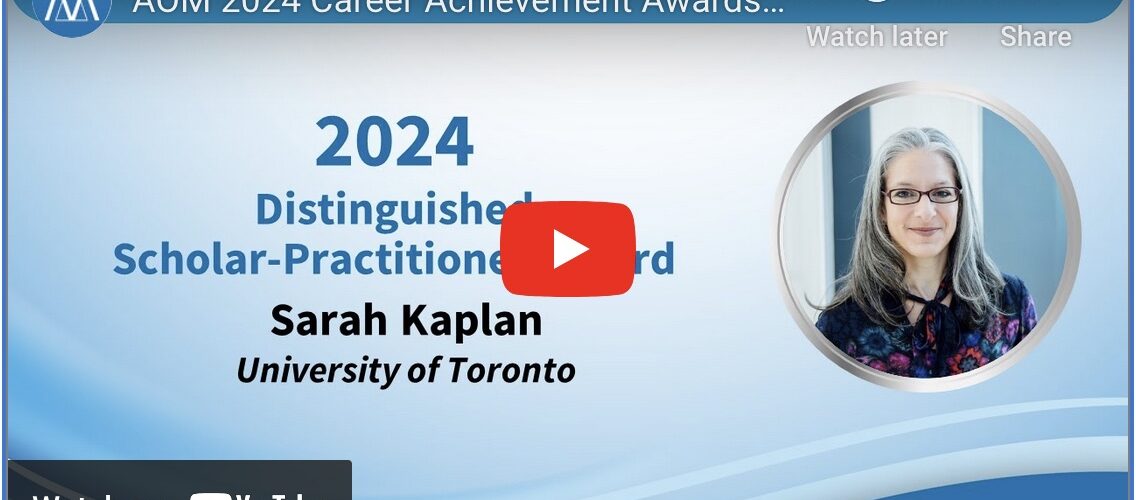 Screenshot of video with picture of sarah kaplan (gray hair, black glasses, dark blue shirt) and text describing distinguished sholarly practitioner award