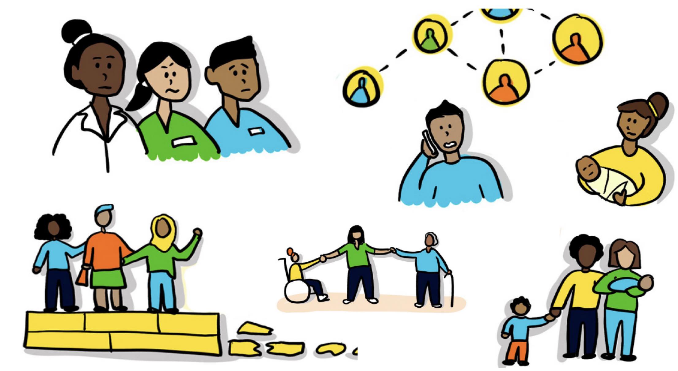 drawings of care givers, elderly, children, people with disabilities