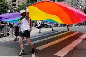 Person in a tshirt and shorts marching in a Pride parade and carrying a huge rainbow flag that is billowing out behind him.