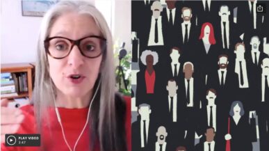 picture of sarah kaplan next to a graphic depicting businesspeople