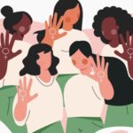 Drawing of 5 women of color with their hands waiving and the sign for "female" on their palms