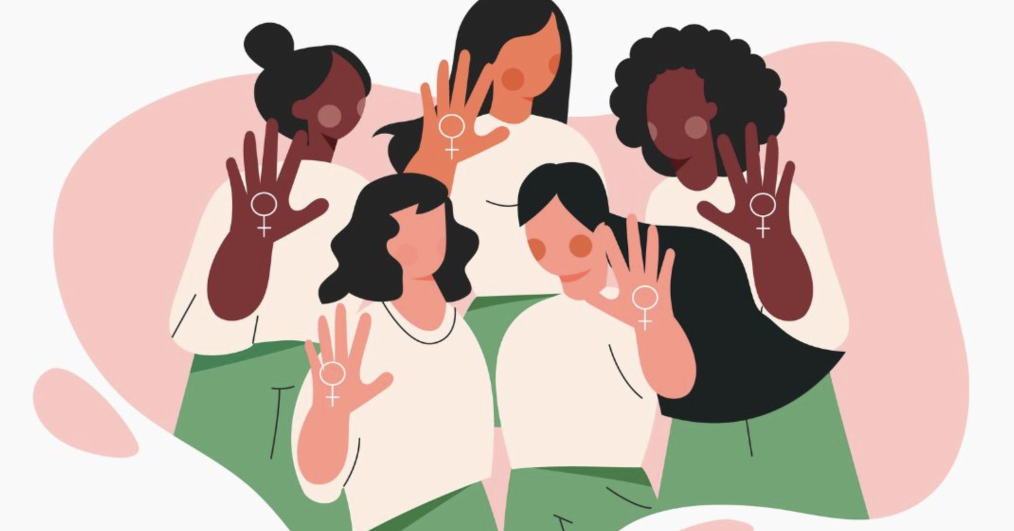 Drawing of 5 women of color with their hands waiving and the sign for "female" on their palms