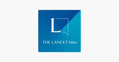 logo of the lancet voice, blue background with large L
