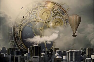 image of watch mechanism and hot air baloon over a city
