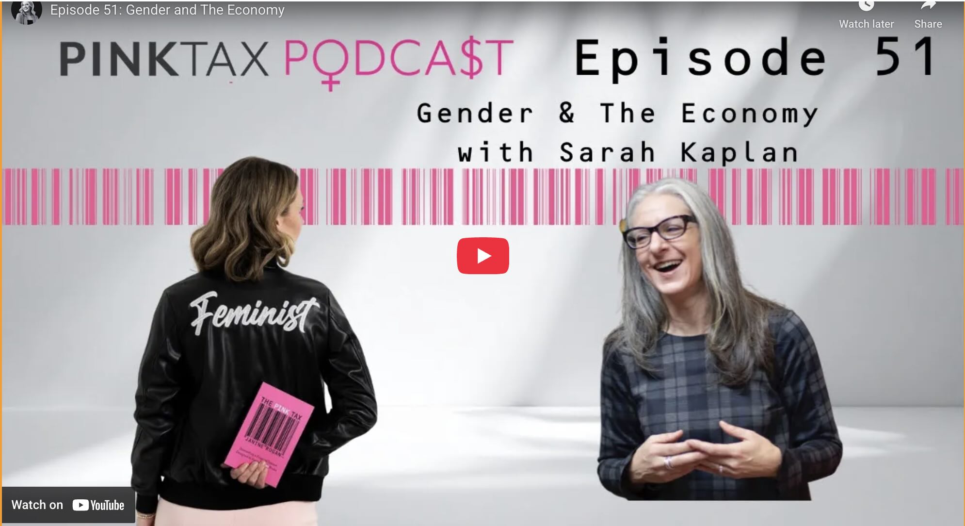 Sarah Kaplan (gray shoulder length hair facing) and Janine Rogan (brown shoulder length hair with back to the audience, holding "pink tax" book)