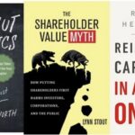 images of book covers for mission economy, doughut economics, shareholder value myth, reimagining capitalism, lean impact