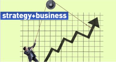 image of a man hoisting up an arrow on a graph to make it aim upwards plus logo of strategy and business magazine